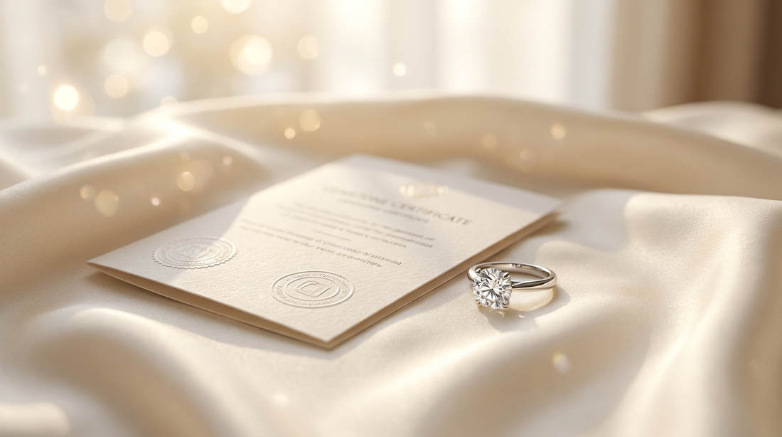 Moissanite ring met GRA-certificaat op crème zijde