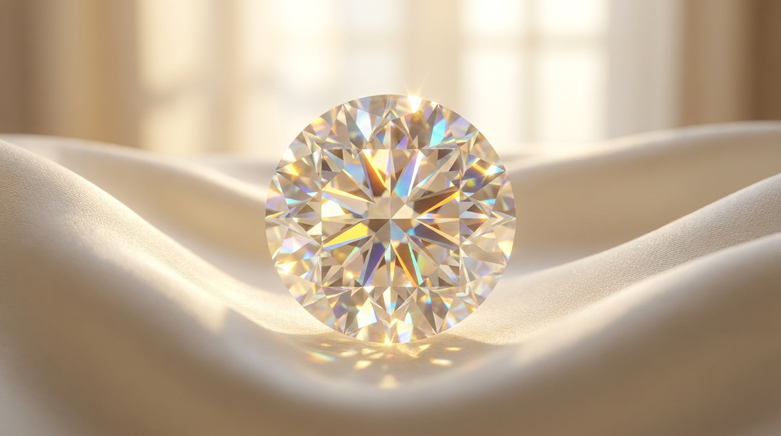 Macro van een schitterende moissanite steen op crème zijde