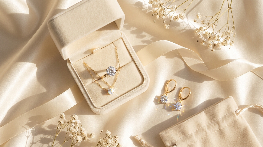Moissanite sieraden als cadeau: ring, ketting en oorbellen met cadeaudoosje op crème zijde