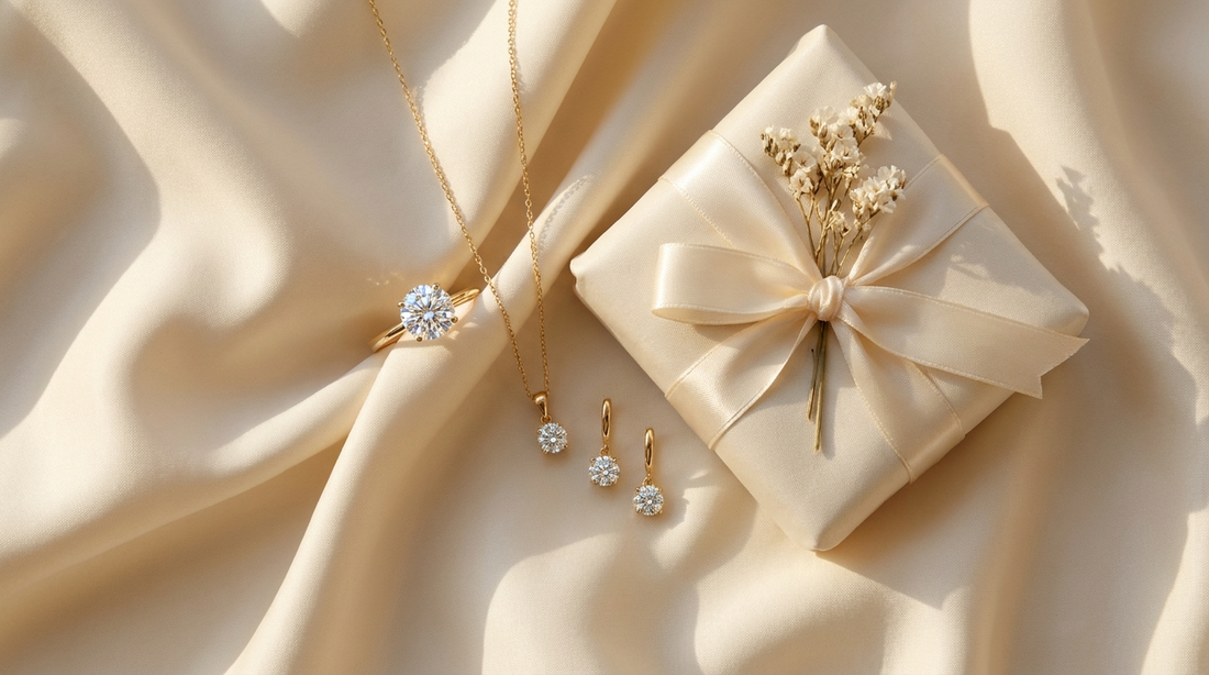 Moissanite sieraden met cadeaupakket op crème zijde — gratis levering naar België