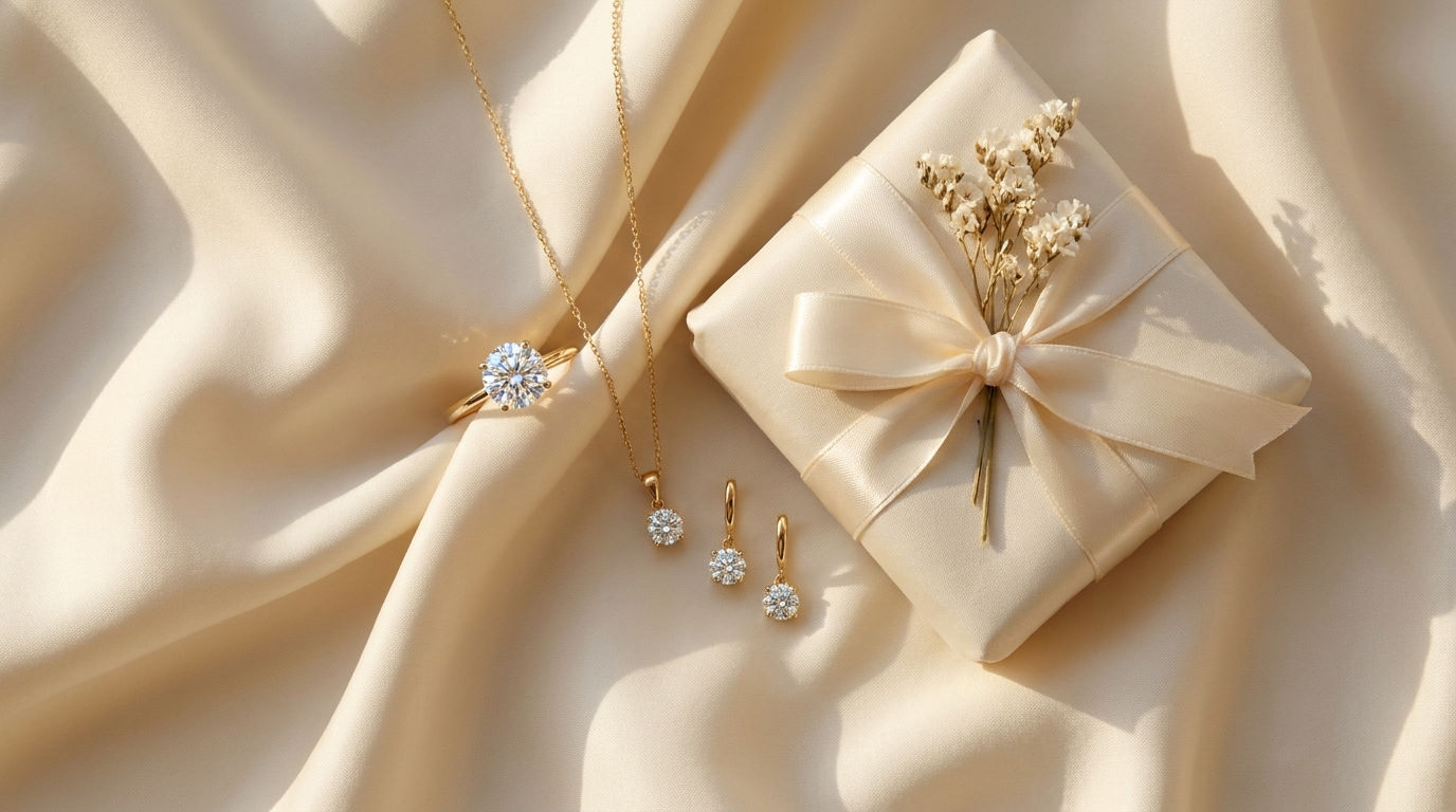 Moissanite sieraden met cadeaupakket op crème zijde — gratis levering naar België