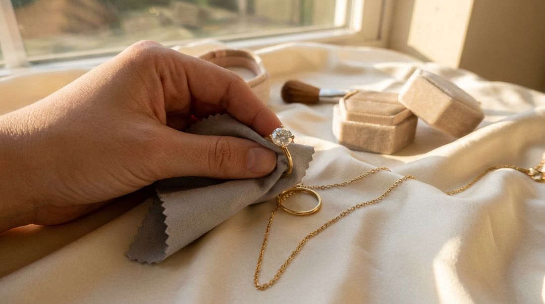 Moissanite sieraad wordt gepoetst met een zachte doek op crème zijde — onderhoud van verguld zilver