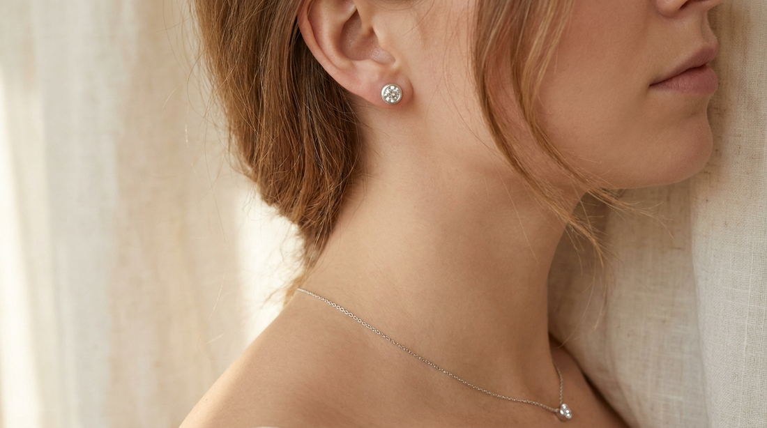 Vrouw met gevoelige huid draagt een 925 sterling zilveren moissanite oorsteker en fijne ketting