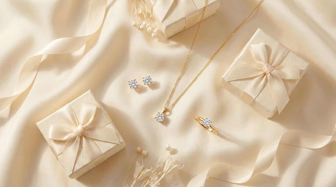Betaalbare moissanite sieraden als cadeau met cadeaudoosjes op crème zijde