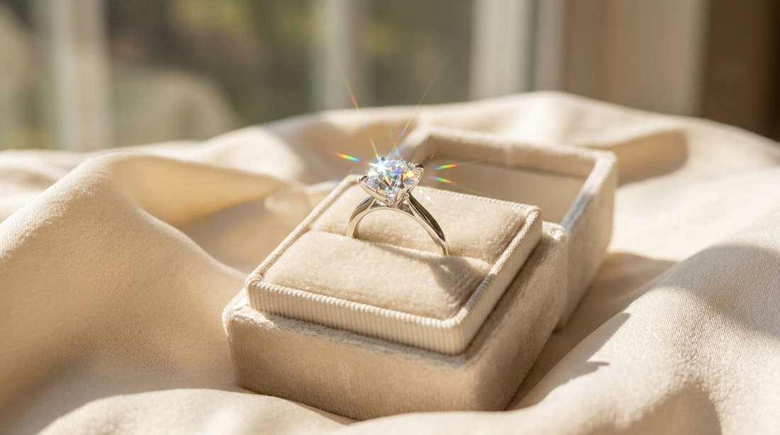 Moissanite solitaire verlovingsring in een crème ringdoosje op crème zijde