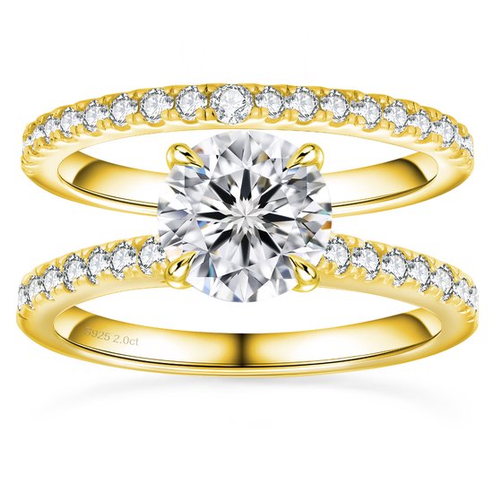 Titanix Dames Ring Set – 2 Karaat Moissanite (Lab-Diamant) met GRA-certificaat – 925 Sterling Zilver – 18k Goud Verguld – Bridal Set –17.25 mm / Maat 54