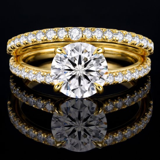 Titanix Dames Ring Set – 2 Karaat Moissanite (Lab-Diamant) met GRA-certificaat – 925 Sterling Zilver – 18k Goud Verguld – Bridal Set –17.25 mm / Maat 54