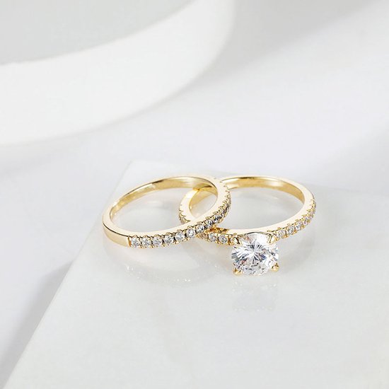 Titanix Dames Ring Set – 2 Karaat Moissanite (Lab-Diamant) met GRA-certificaat – 925 Sterling Zilver – 18k Goud Verguld – Bridal Set –17.25 mm / Maat 54