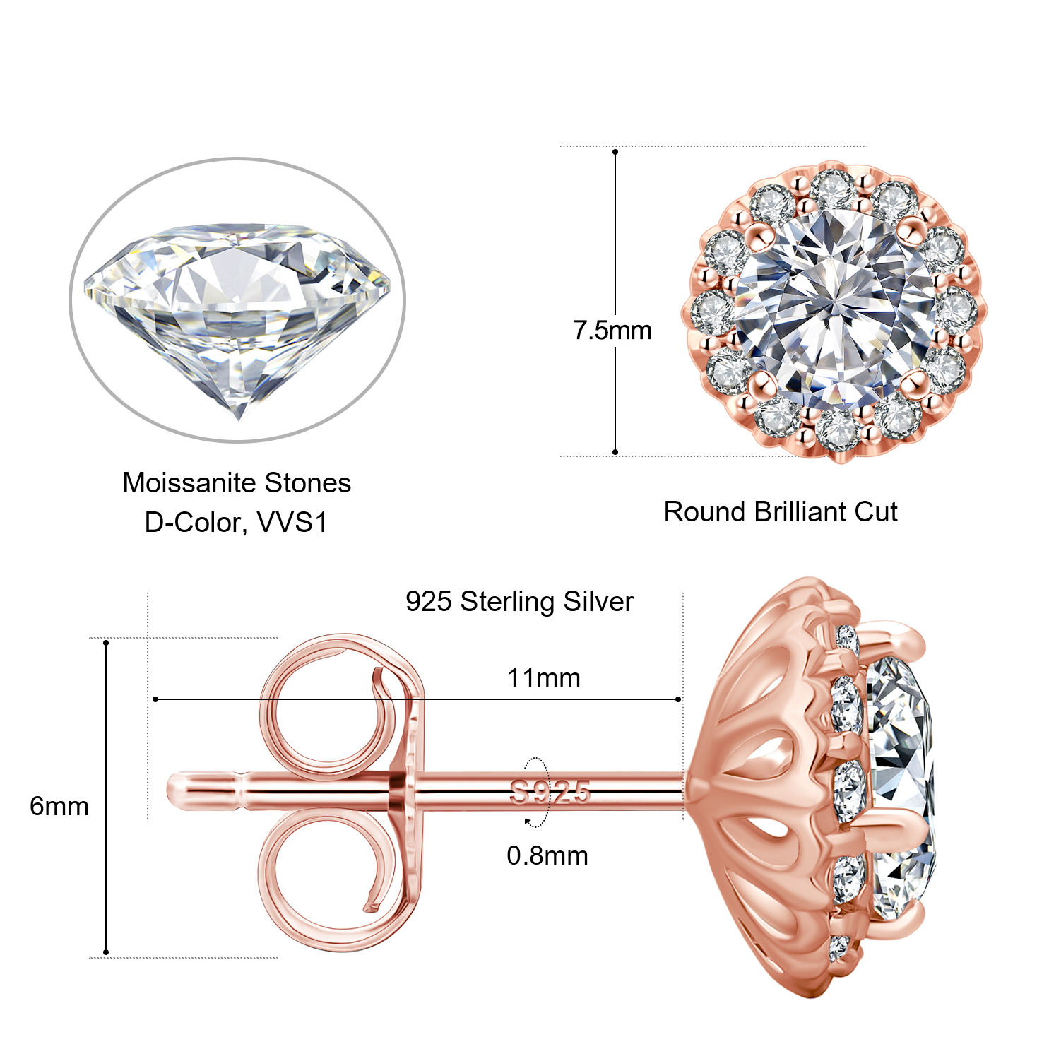1.6 karaat moissanite (lab diamant) oorbellen | 925 sterling Zilver, 14k Roségoud ­verguld