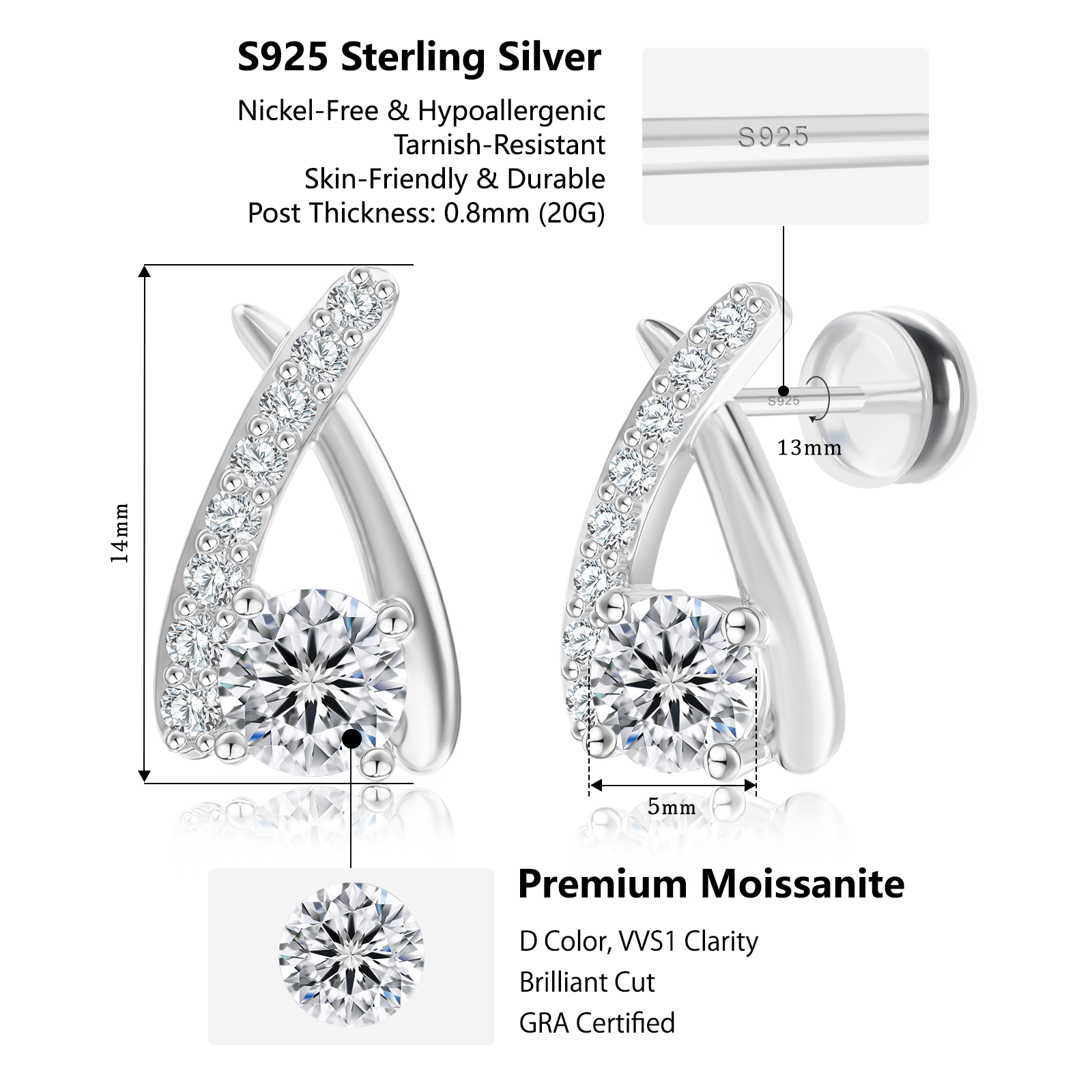 1 karaat moissanite (lab diamant) oorbellen | gekruist design, 925 sterling zilver, rhodiumverguld