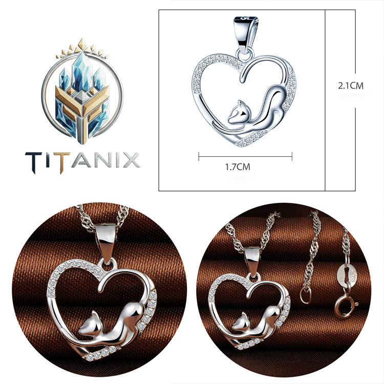 Titanix Ketting Dames – 925 Sterling Zilver – Hartje & Poes-Hanger – Speels & Elegant Cadeau