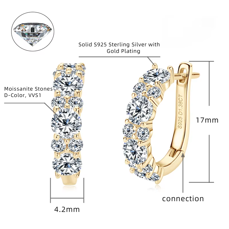 Titanix Oorbellen Dames – 925 Sterling Zilver, 18k Goudverguld – 2,76 Karaat Moissanite (Lab-Diamant) met GRA-Certificaat – Luxe Hoops Oorbellen
