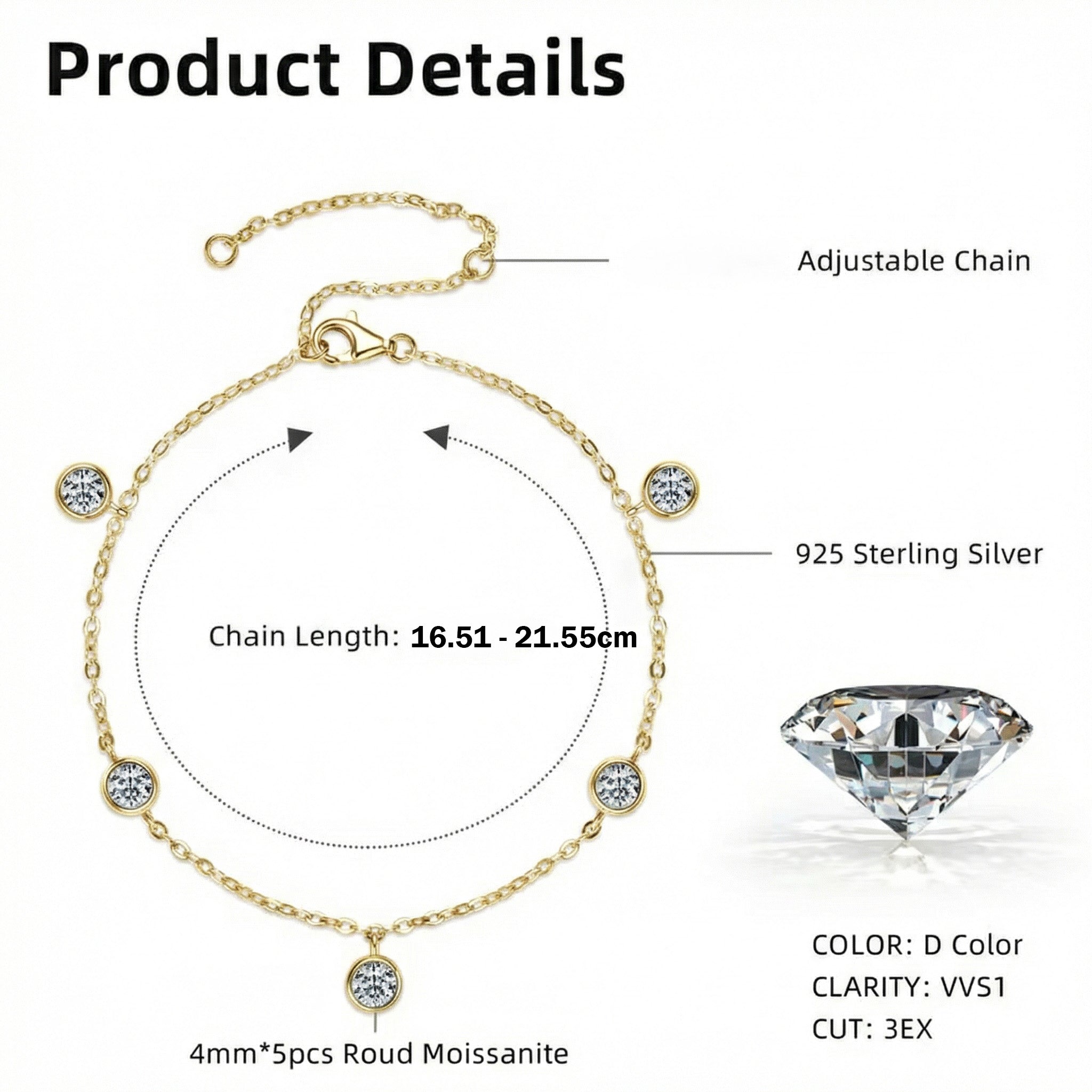 1.5 karaat moissanite (lab diamant) armband | 925 sterling Zilver, 18k Goud­verguld