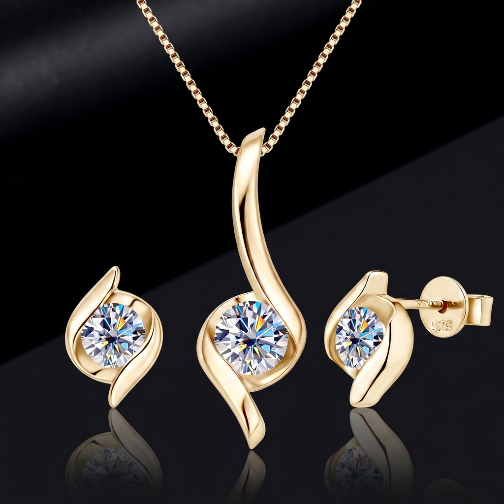 Titanix sieradenset – 2 karaat moissanite (lab diamant) – ketting + oorbellen | 925 sterling zilver, 18k goudverguld | met GRA-certificaat