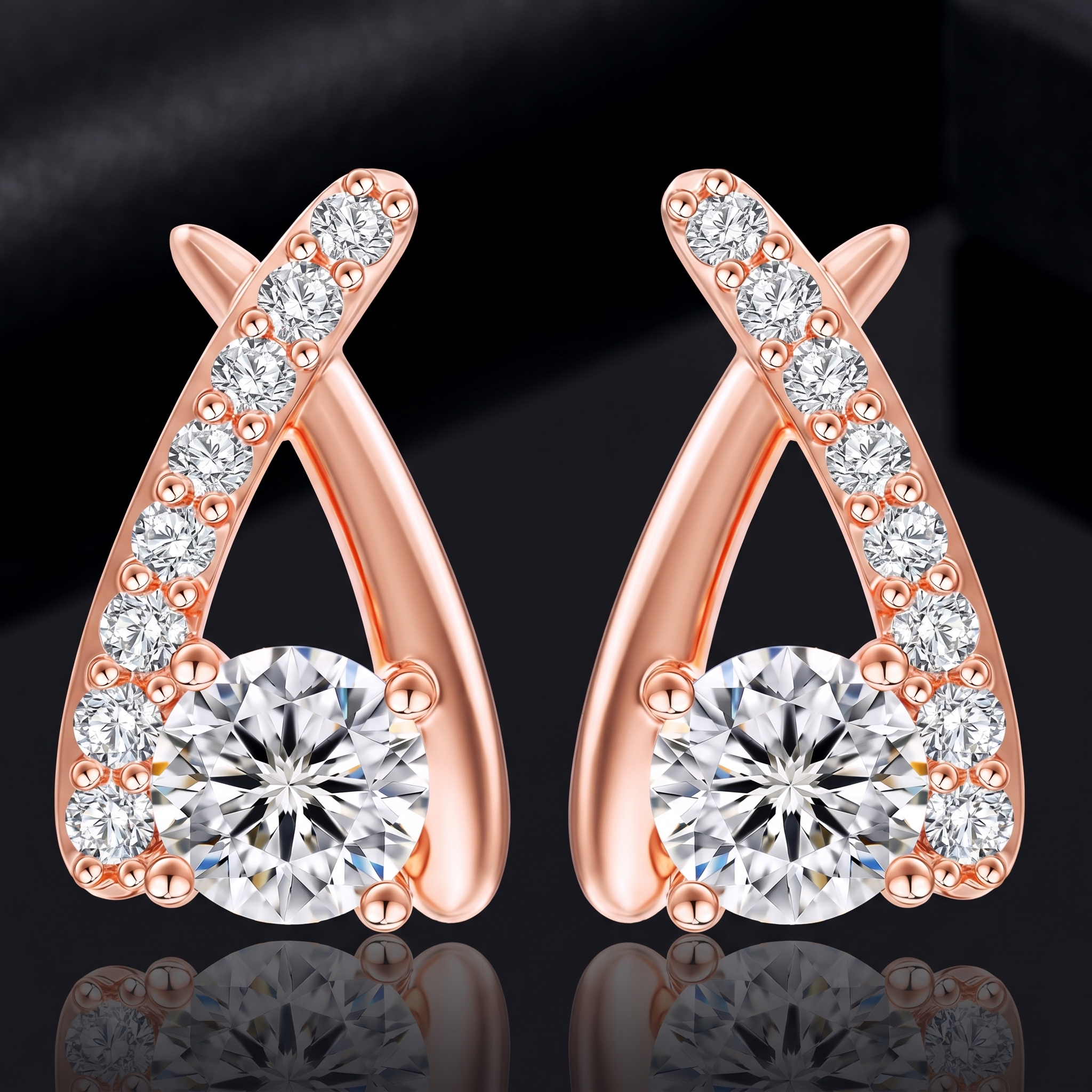 1 karaat moissanite (lab diamant) oorbellen | gekruist design, 925 sterling zilver, 14k roségoudverguld