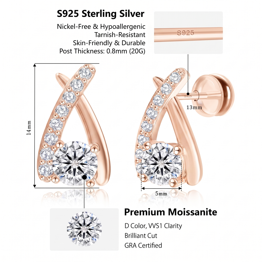 1 karaat moissanite (lab diamant) oorbellen | gekruist design, 925 sterling zilver, 14k roségoudverguld