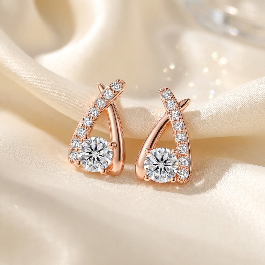 Moissanite oorbellen gekruist design lifestyle - 14k roségoudverguld