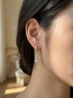 Model draagt gouden moissanite hangoorbellen