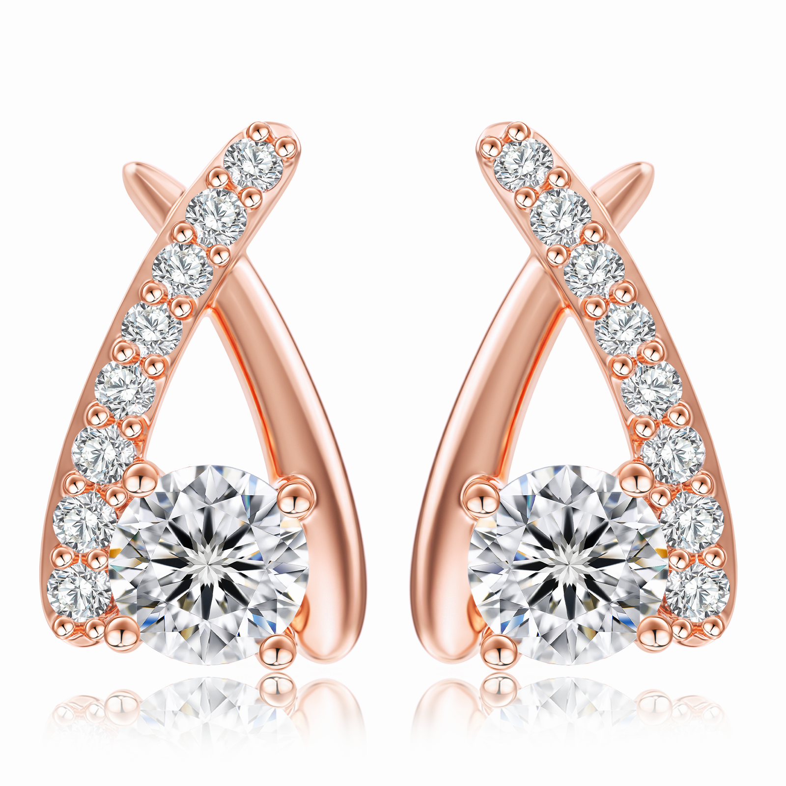 1 karaat moissanite (lab diamant) oorbellen | gekruist design, 925 sterling zilver, 14k roségoudverguld